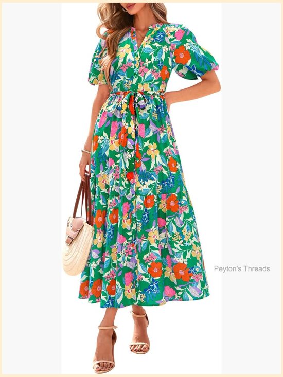 Dresses & Skirts - Boho Short Sleeve V Neck Button Belt Flowy Maxi Dress with Pockets